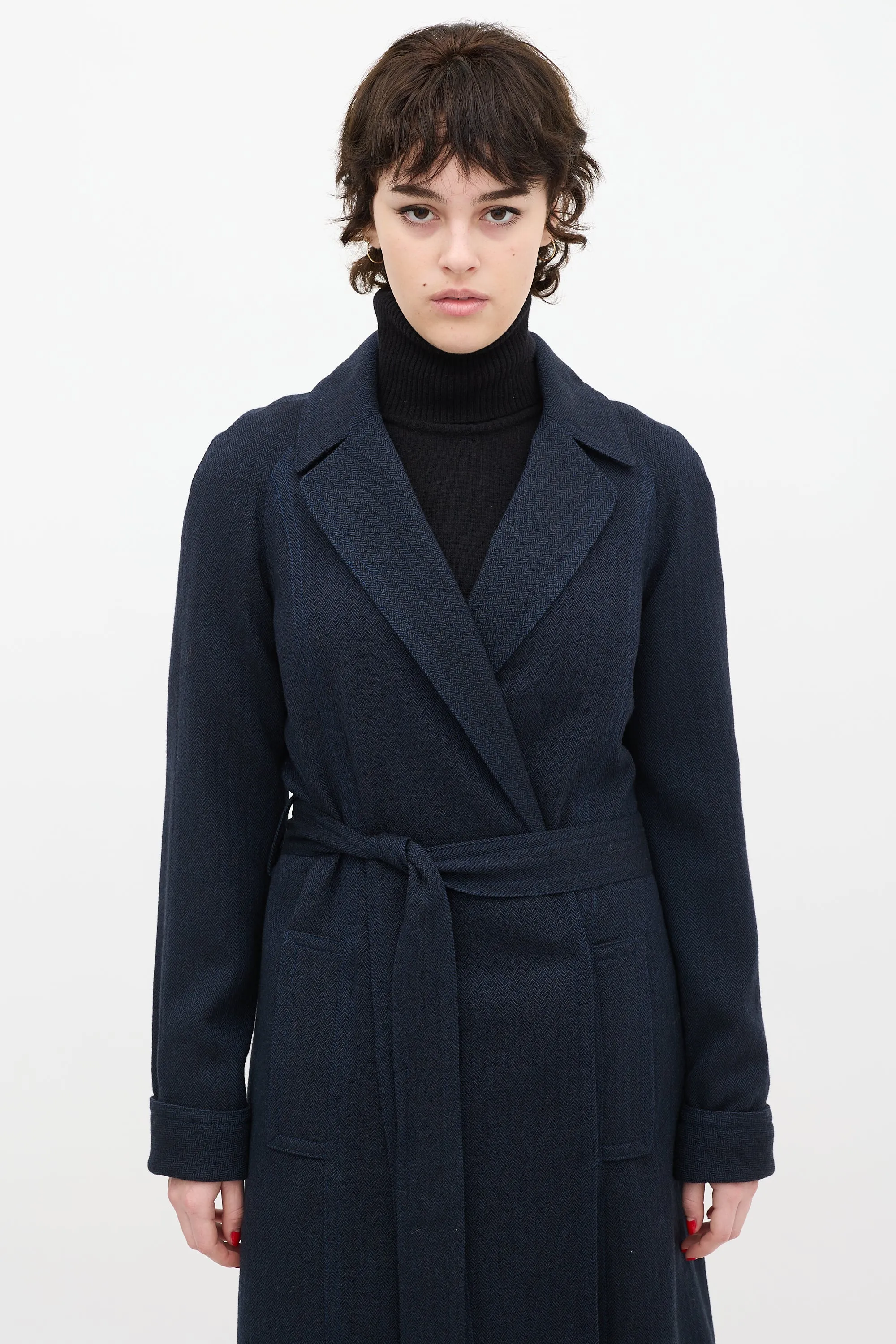 Navy Wool Herringbone Coat