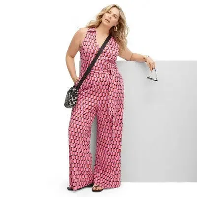 New - Diane von Furstenberg Women's Sleeveless Collared Jumpsuit, Modern Geo Pink