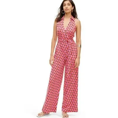 New - Diane von Furstenberg Women's Sleeveless Collared Jumpsuit, Modern Geo Pink