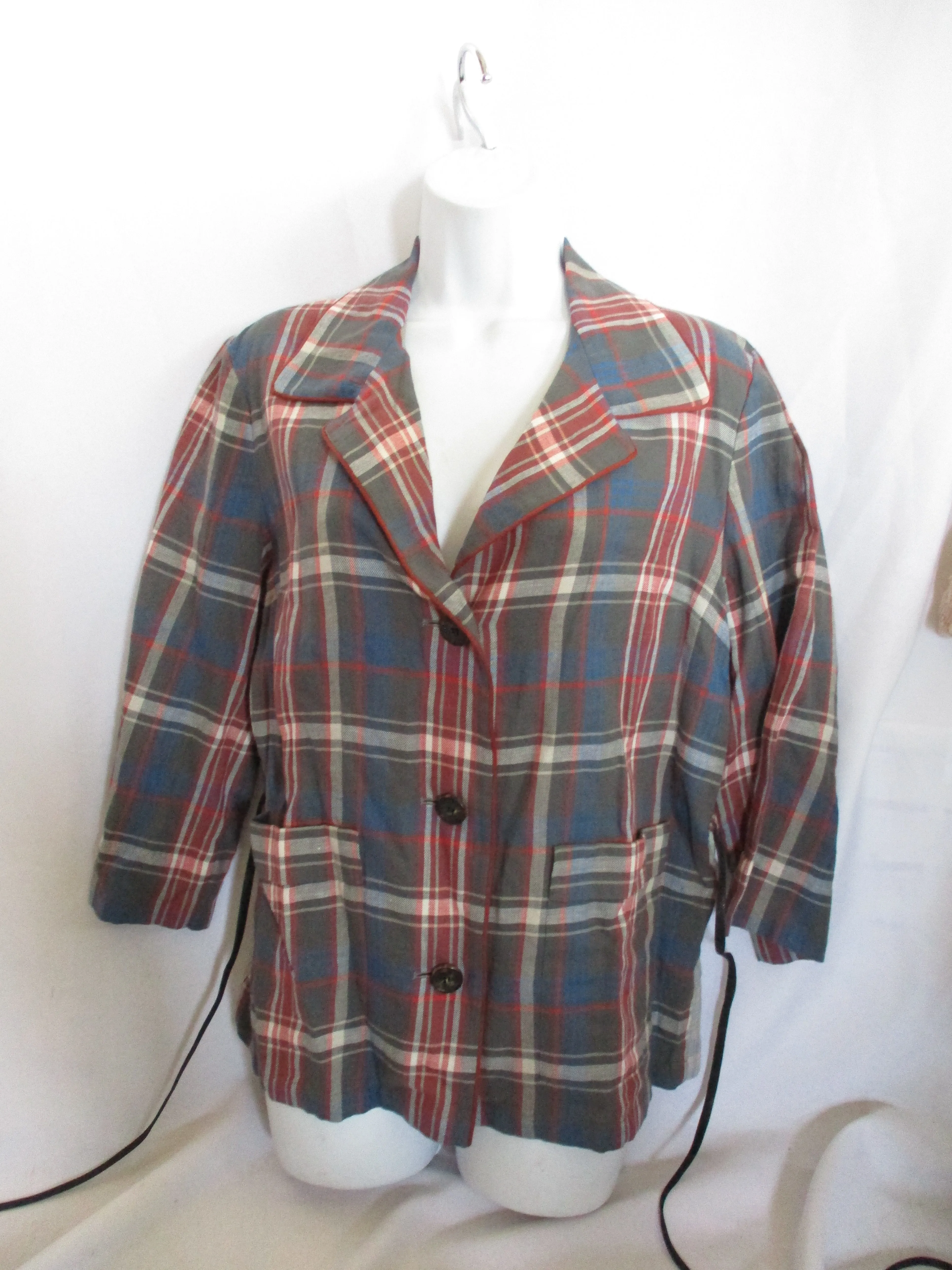 New DRIES VAN NOTEN PLAID MADRAS blazer jacket top 38 BLUE RED