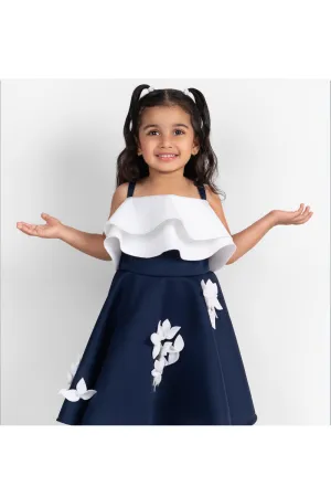 Off White And Navy Blue Neoprene Handmade Flowers Dress