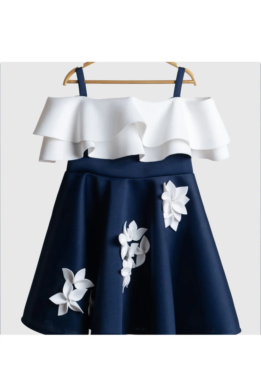 Off White And Navy Blue Neoprene Handmade Flowers Dress