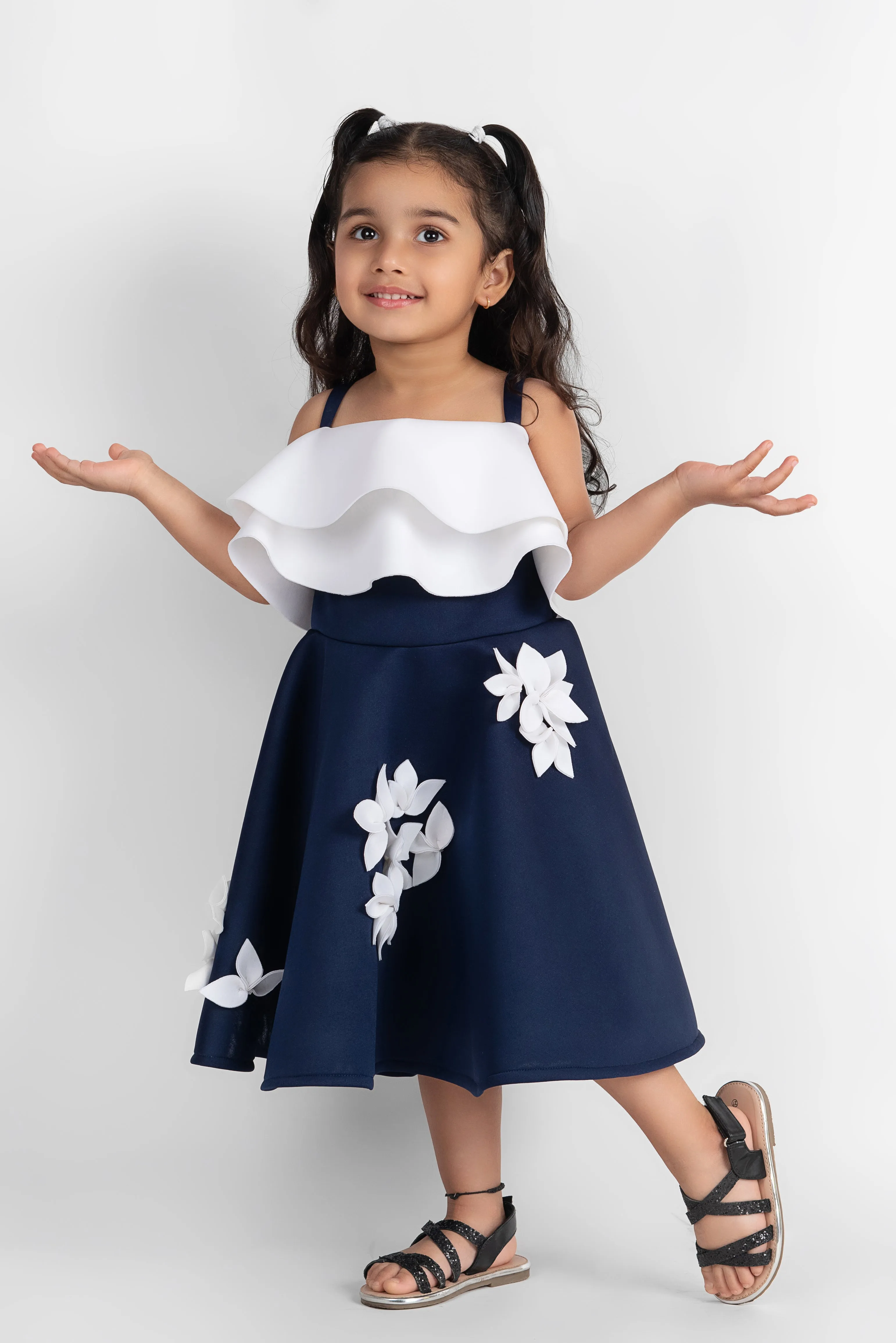 Off White And Navy Blue Neoprene Handmade Flowers Dress