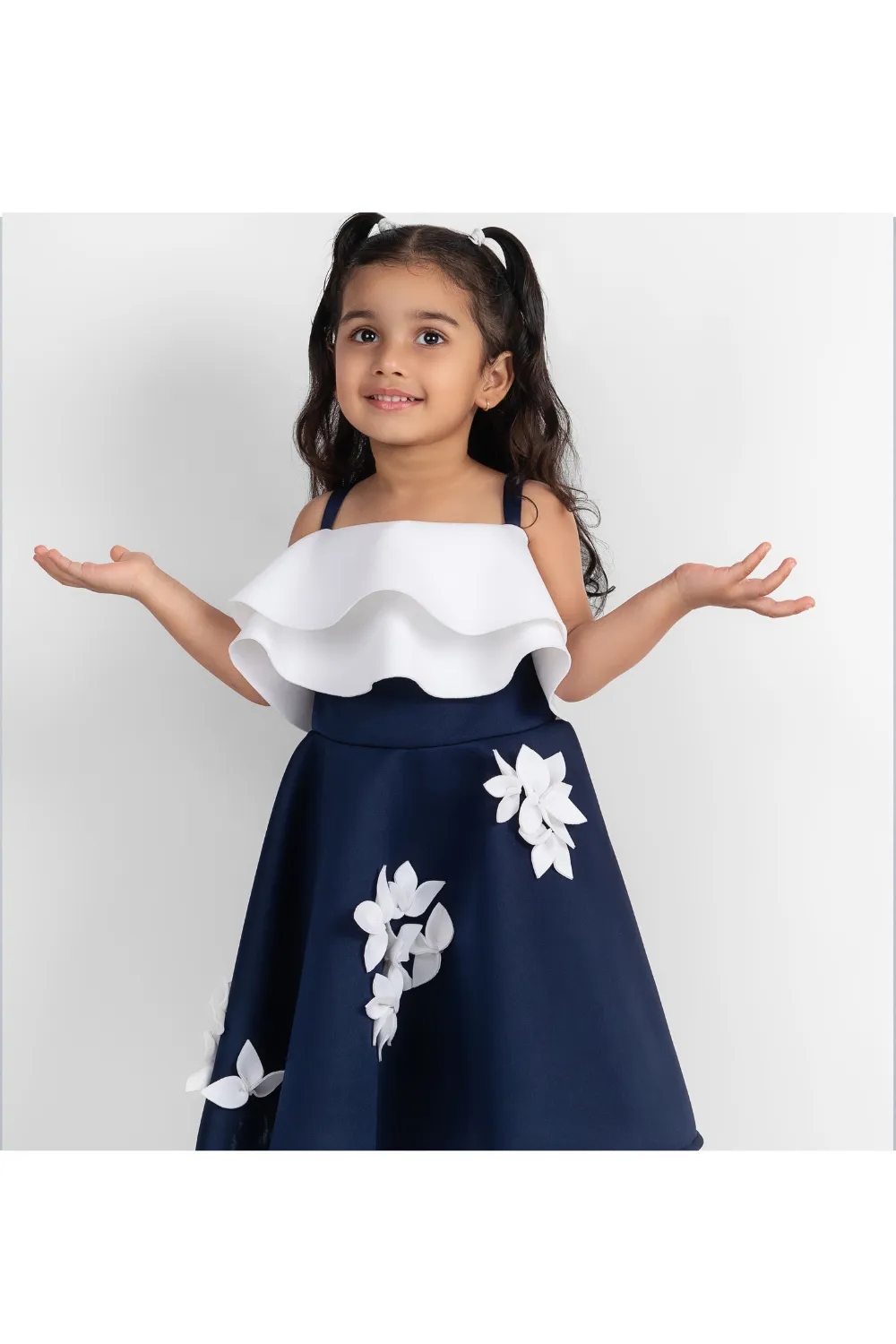 Off White And Navy Blue Neoprene Handmade Flowers Dress