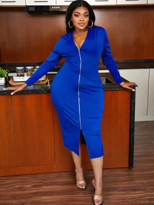 Office Lady Plus Size Deep V-Neck Slit Bodycon Dresses