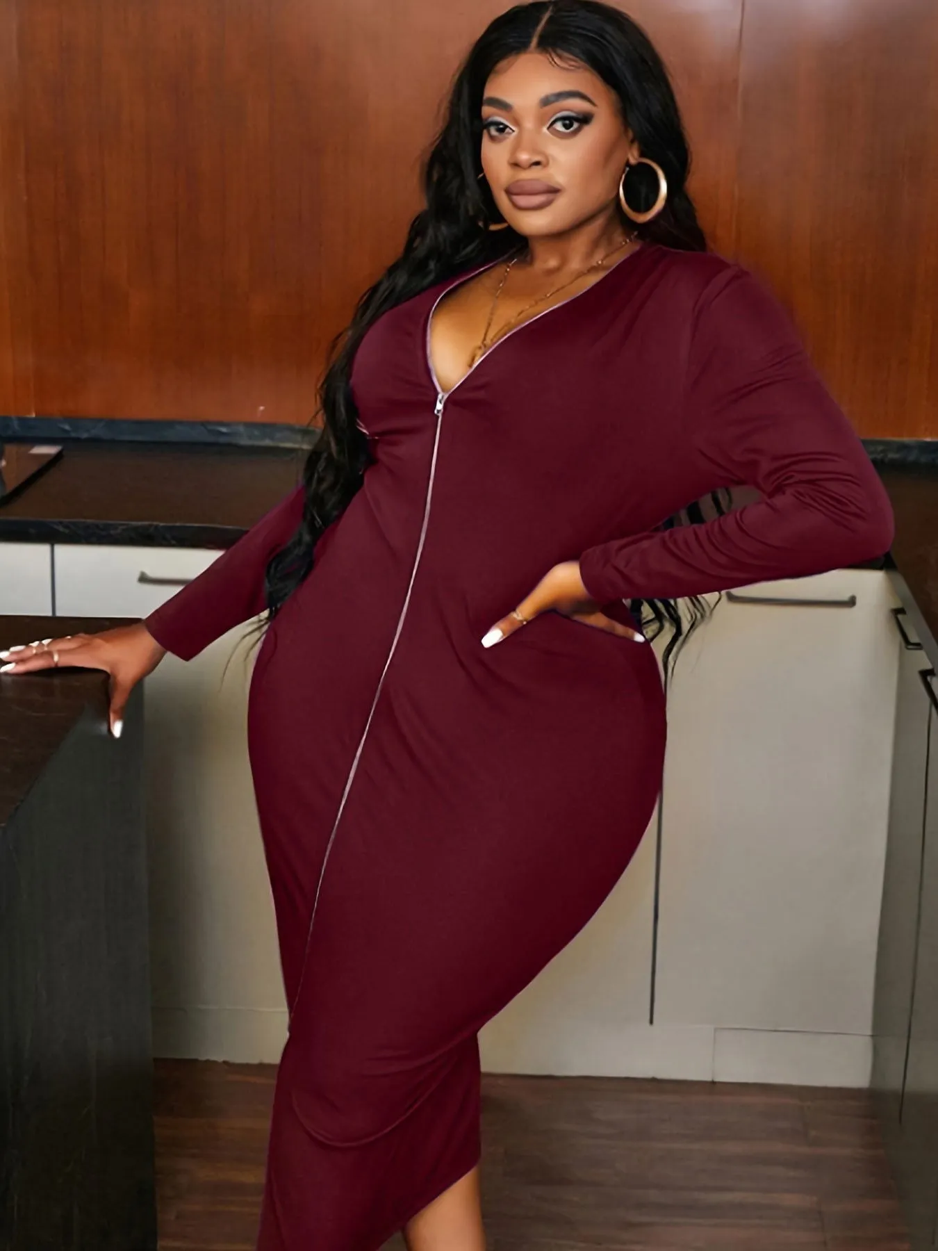 Office Lady Plus Size Deep V-Neck Slit Bodycon Dresses