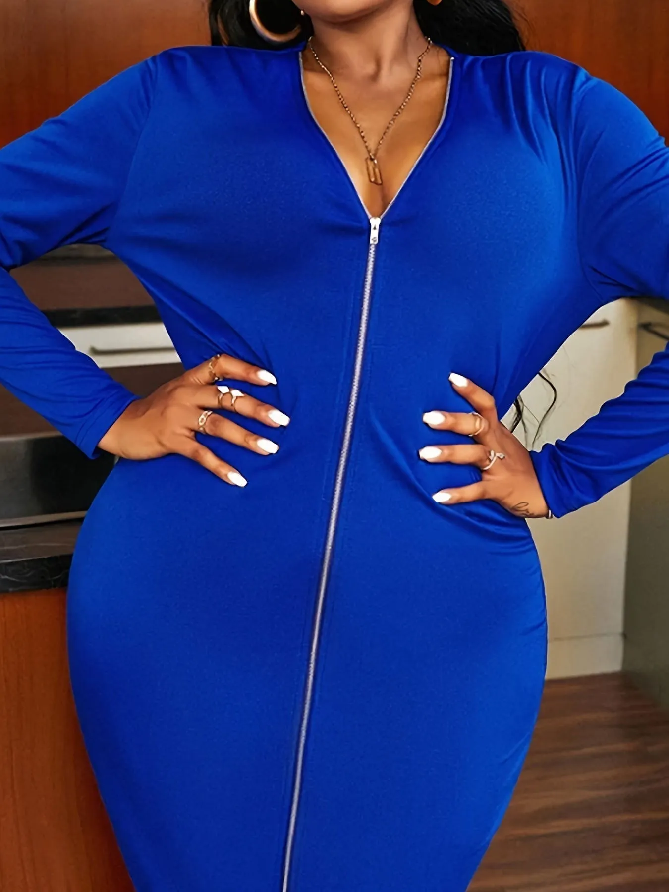 Office Lady Plus Size Deep V-Neck Slit Bodycon Dresses