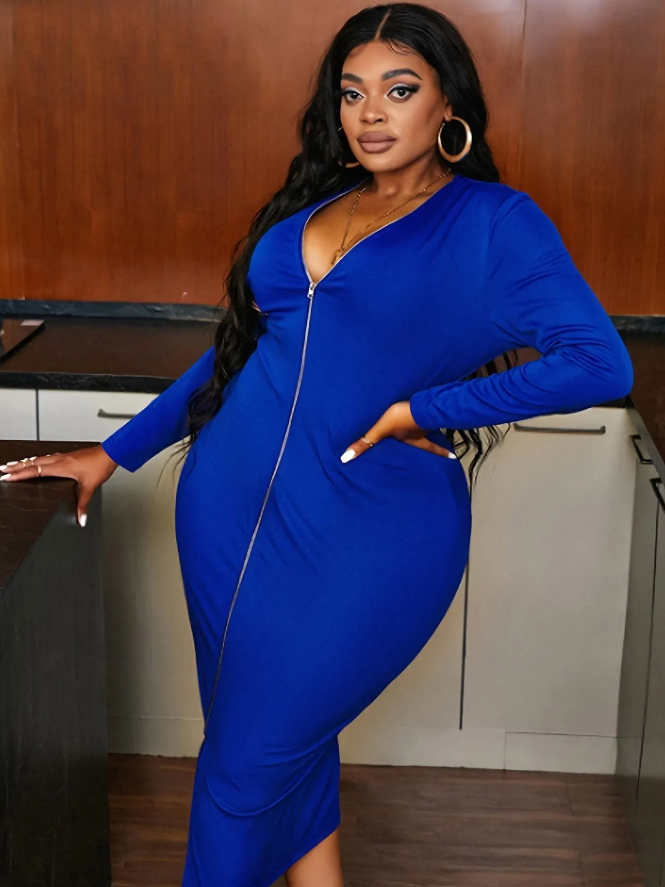 Office Lady Plus Size Deep V-Neck Slit Bodycon Dresses