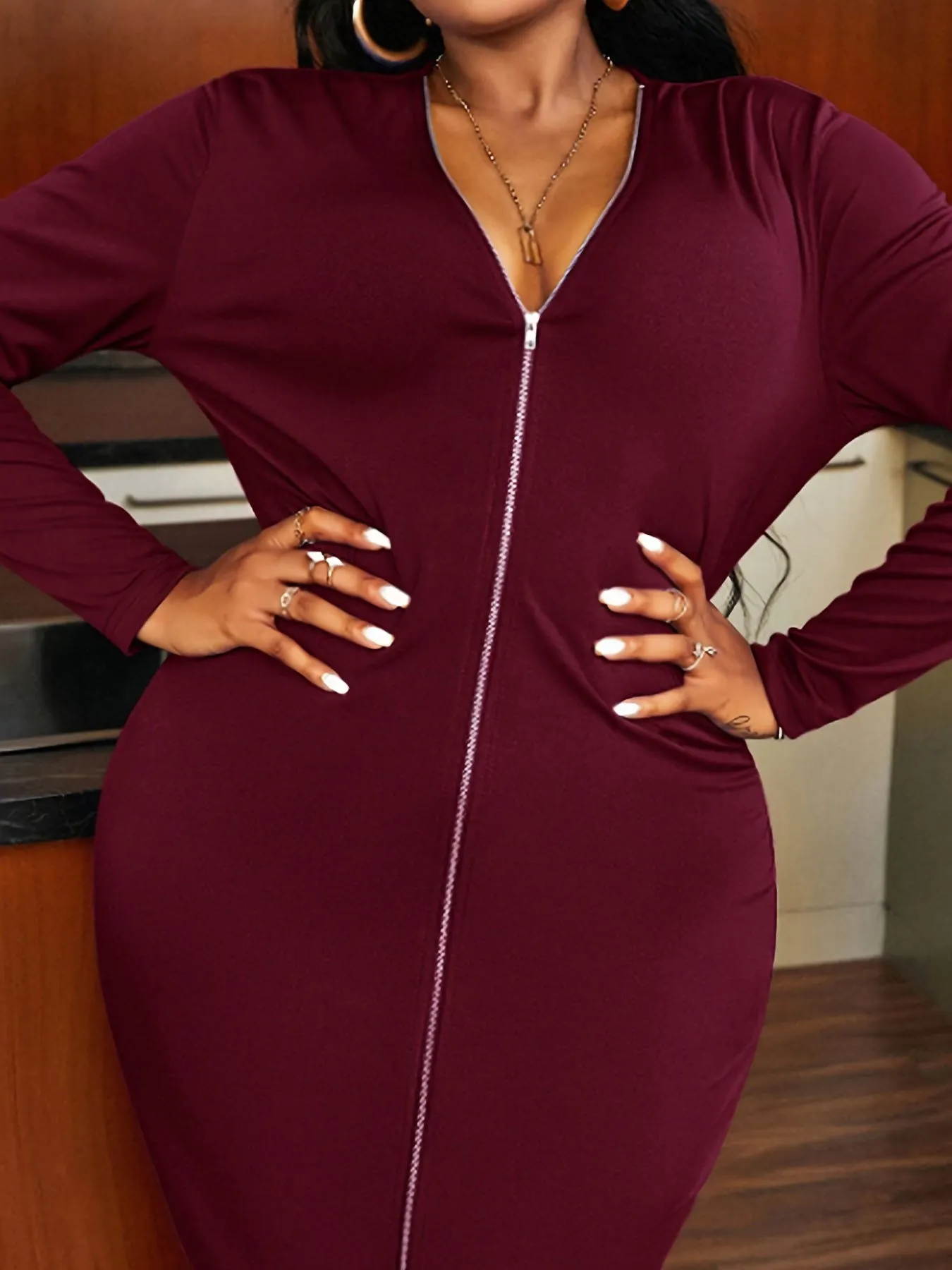 Office Lady Plus Size Deep V-Neck Slit Bodycon Dresses