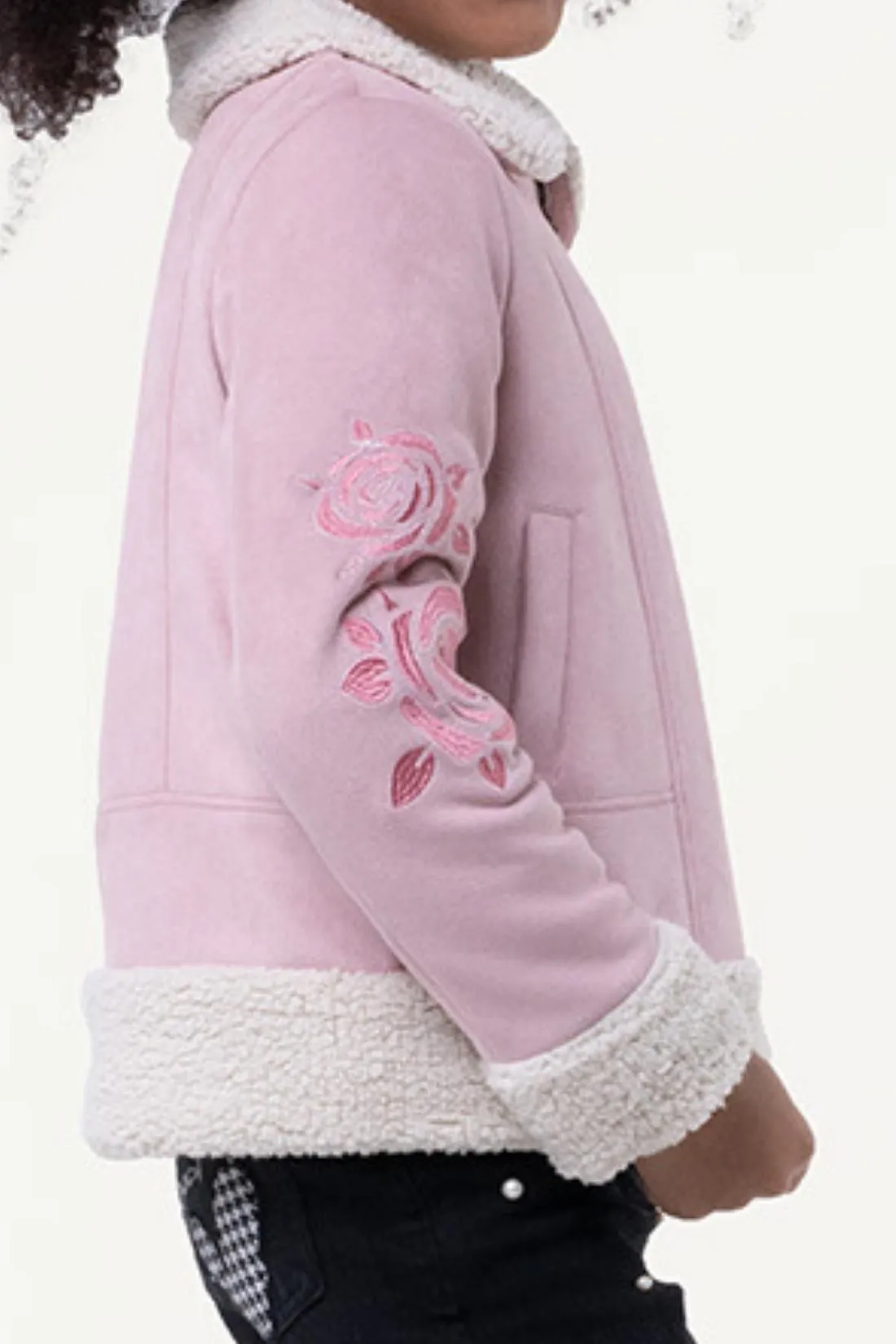 One Friday Kids Girls Shirt Collar Pink Jacket With Faux Fur Detail