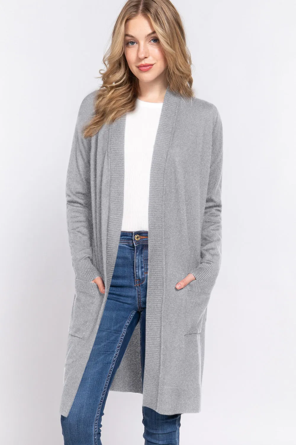 Open Front Rib Trim Long Sleeve Knit Cardigan