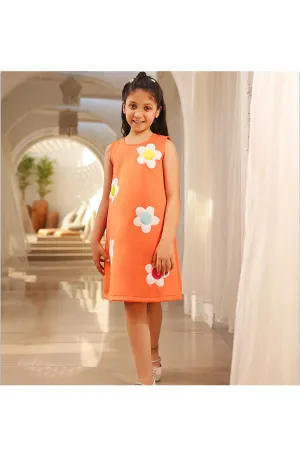 Orange Neoprene Hand made Sequence Flowers Dress