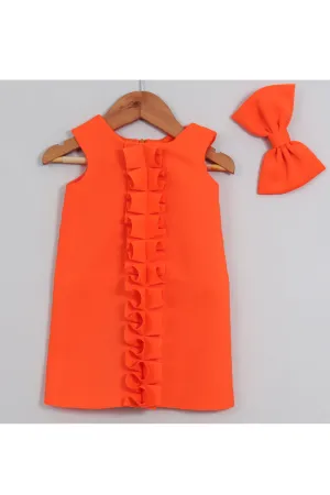 Orange Neoprene Sleeveless Dress With Bow Detailing Hairclip