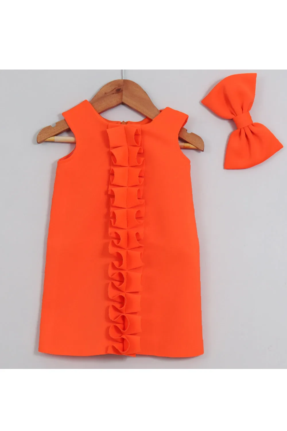 Orange Neoprene Sleeveless Dress With Bow Detailing Hairclip