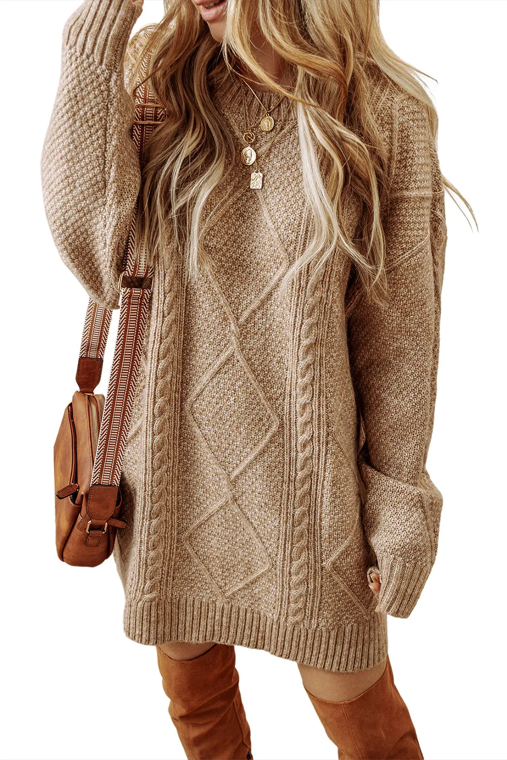 Parchment Twist Cable Knit Drop Shoulder Loose Fit Sweater Dress