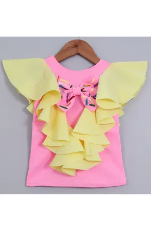 Pink And Yellow Bow Detailing Ruffle Neoprene Dress