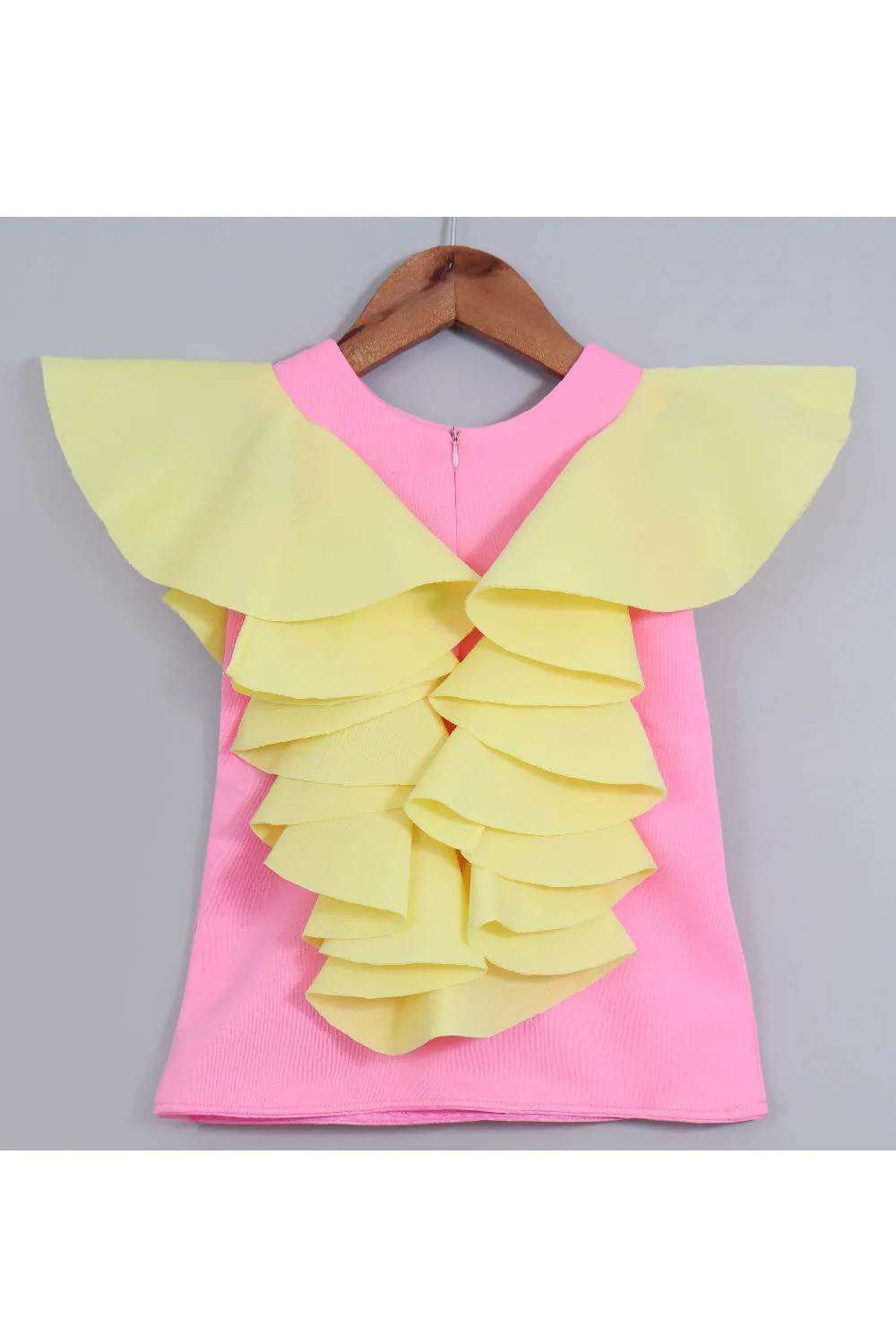 Pink And Yellow Bow Detailing Ruffle Neoprene Dress