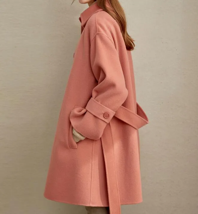 Pink Women Winter Black Long Women Wool Coat Jacket Waist Belt/3366