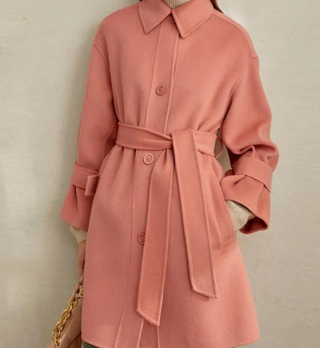 Pink Women Winter Black Long Women Wool Coat Jacket Waist Belt/3366