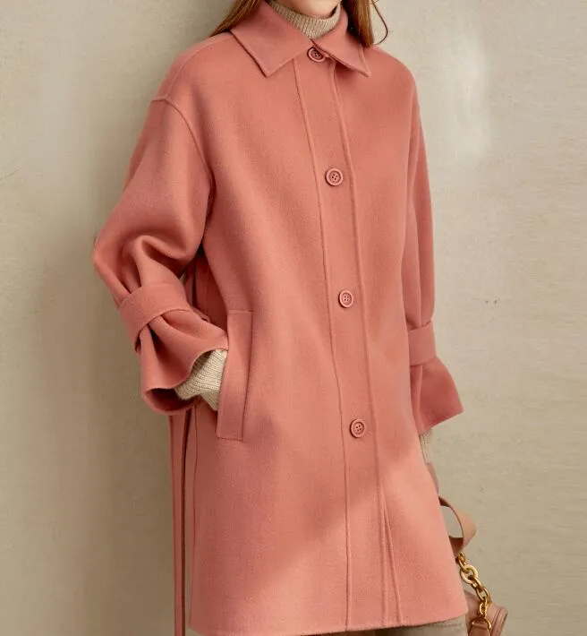 Pink Women Winter Black Long Women Wool Coat Jacket Waist Belt/3366