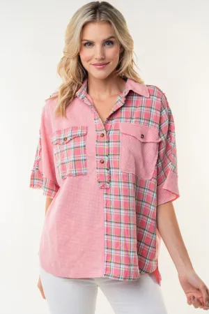 Plaid Color Block Half Button Top