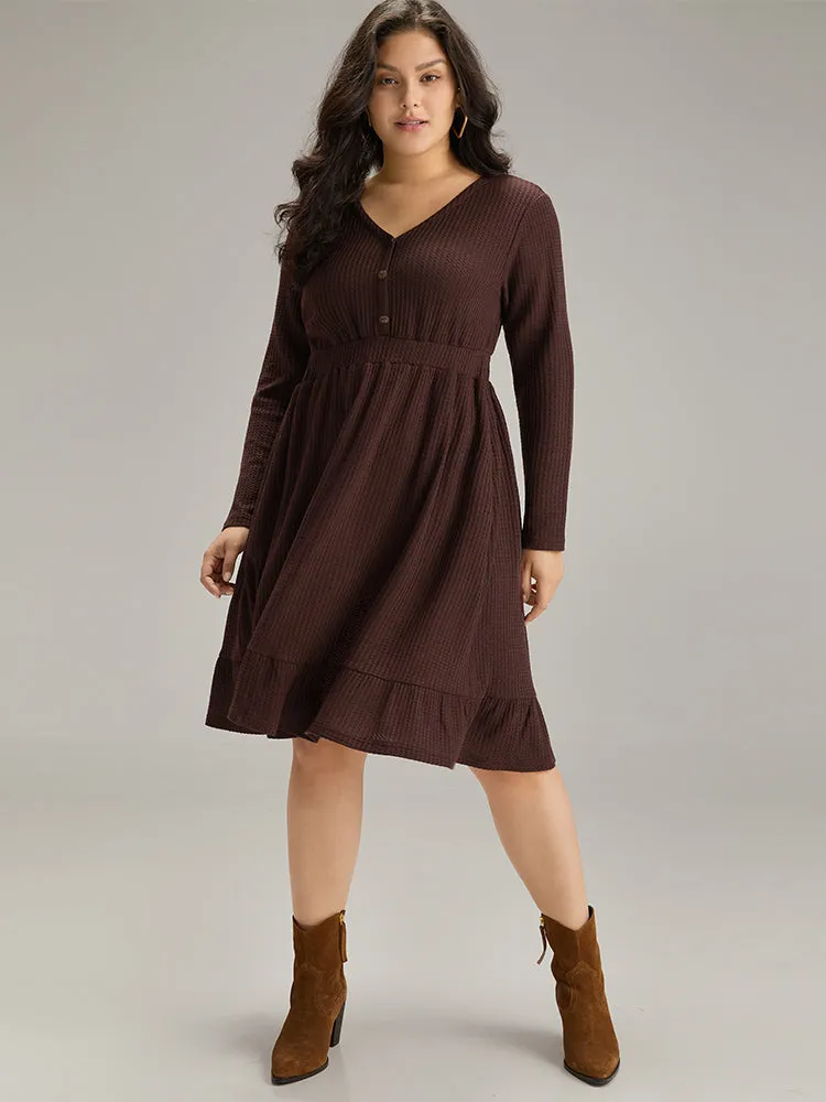 Plain Button Up Elastic Waist Dress