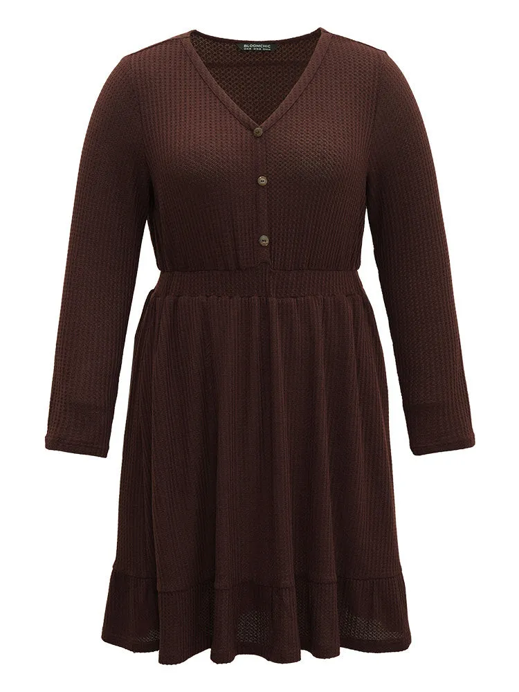 Plain Button Up Elastic Waist Dress