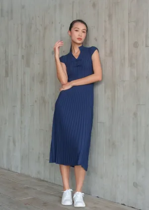 Power Shoulder Ribbed Qipao (Dark Blue)