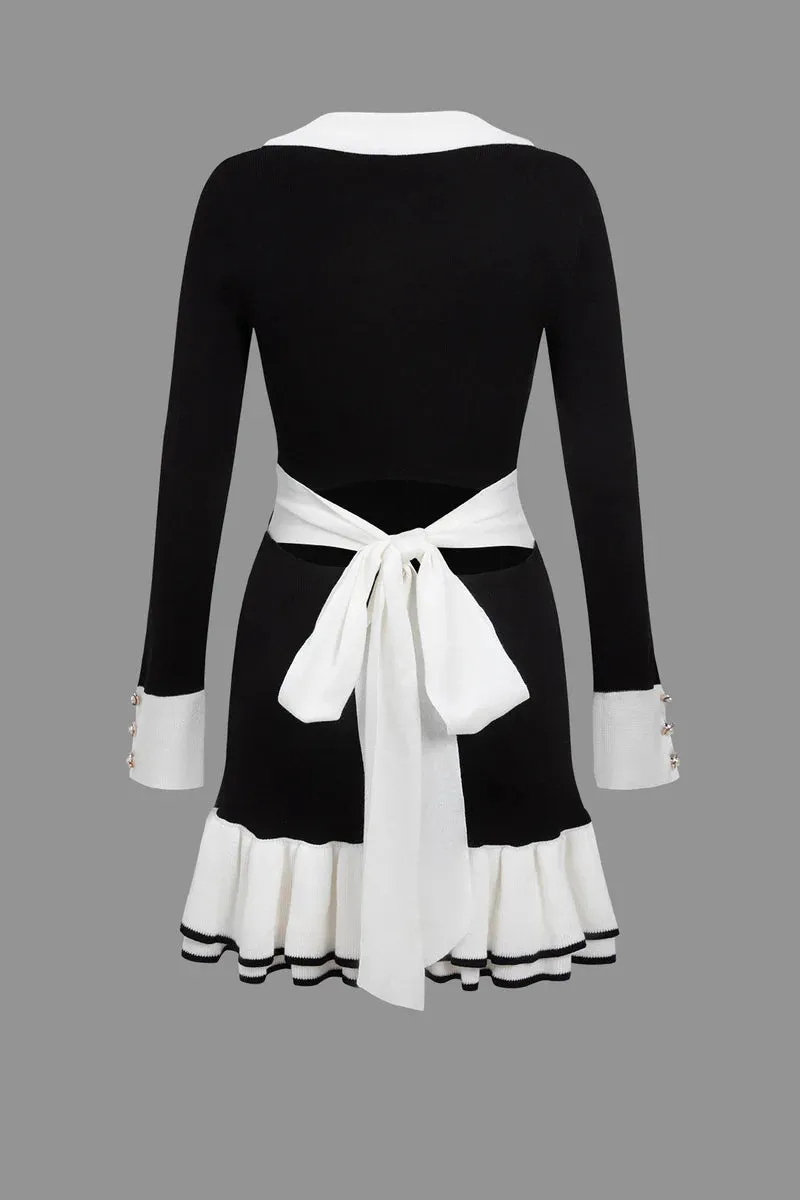 Pre Order:  Bow Tie Ruffle Edge Pearl Buckle Knitted Dress