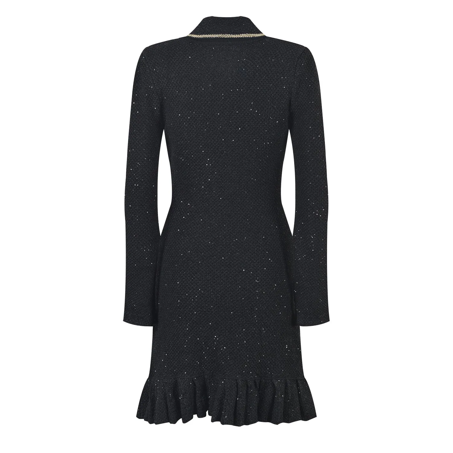 Pre Order:  Knitted Sequined Turn-Down-Collar Long Sleeve Mini Dress