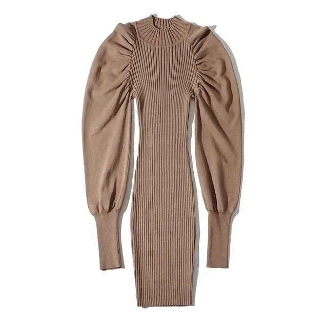 Pre Order:  Puff Sleeves Knit Midi Dress