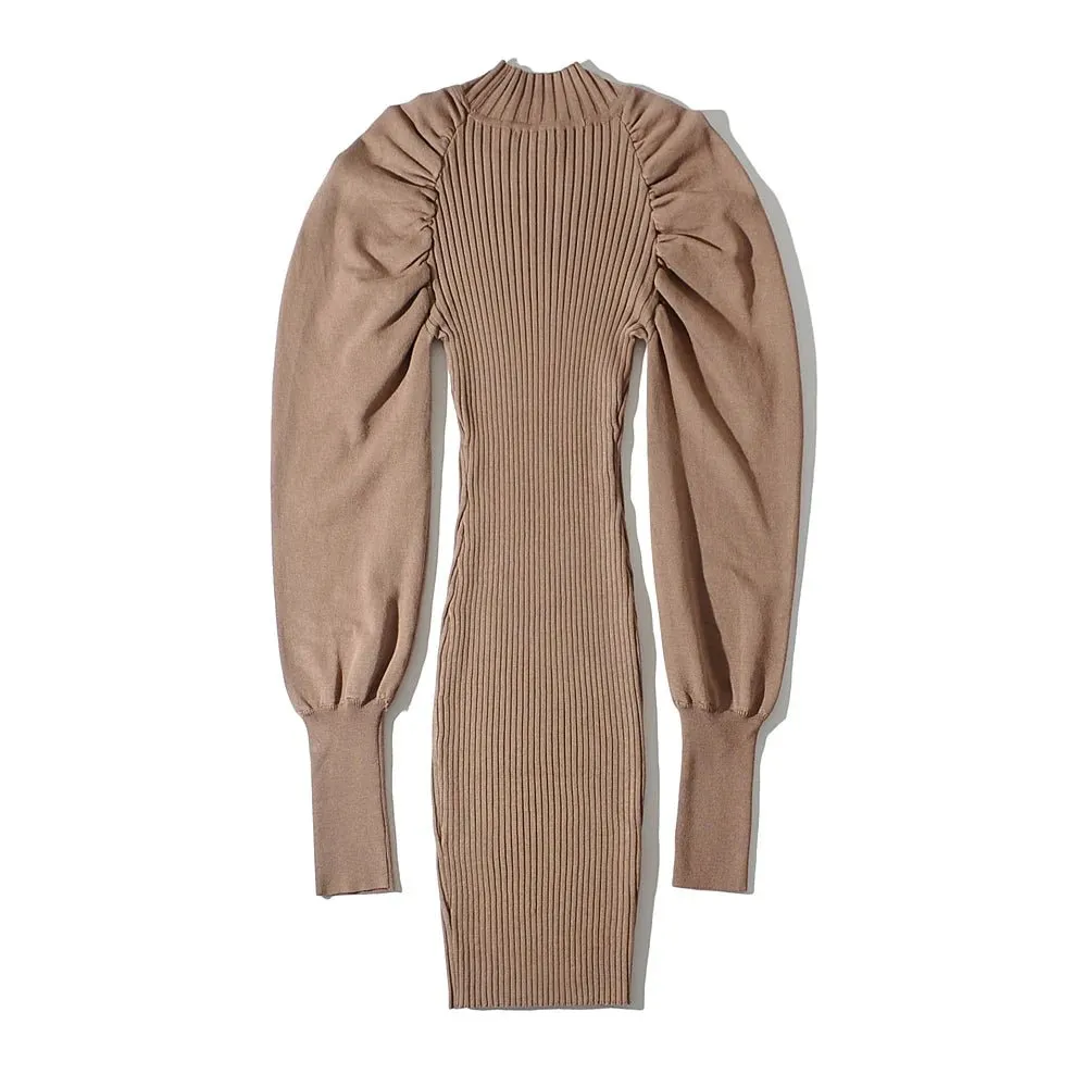 Pre Order:  Puff Sleeves Knit Midi Dress