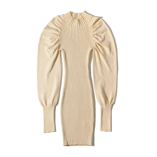 Pre Order:  Puff Sleeves Knit Midi Dress