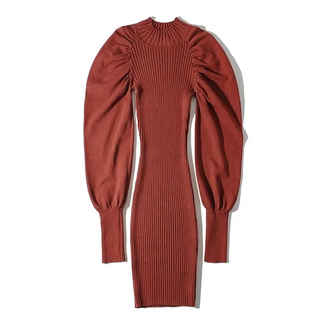 Pre Order:  Puff Sleeves Knit Midi Dress