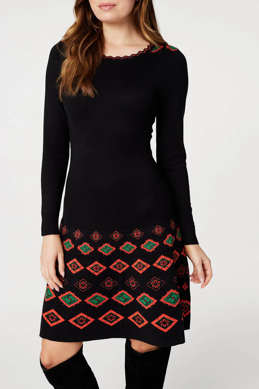 Printed Fit & Flare Knit Dress