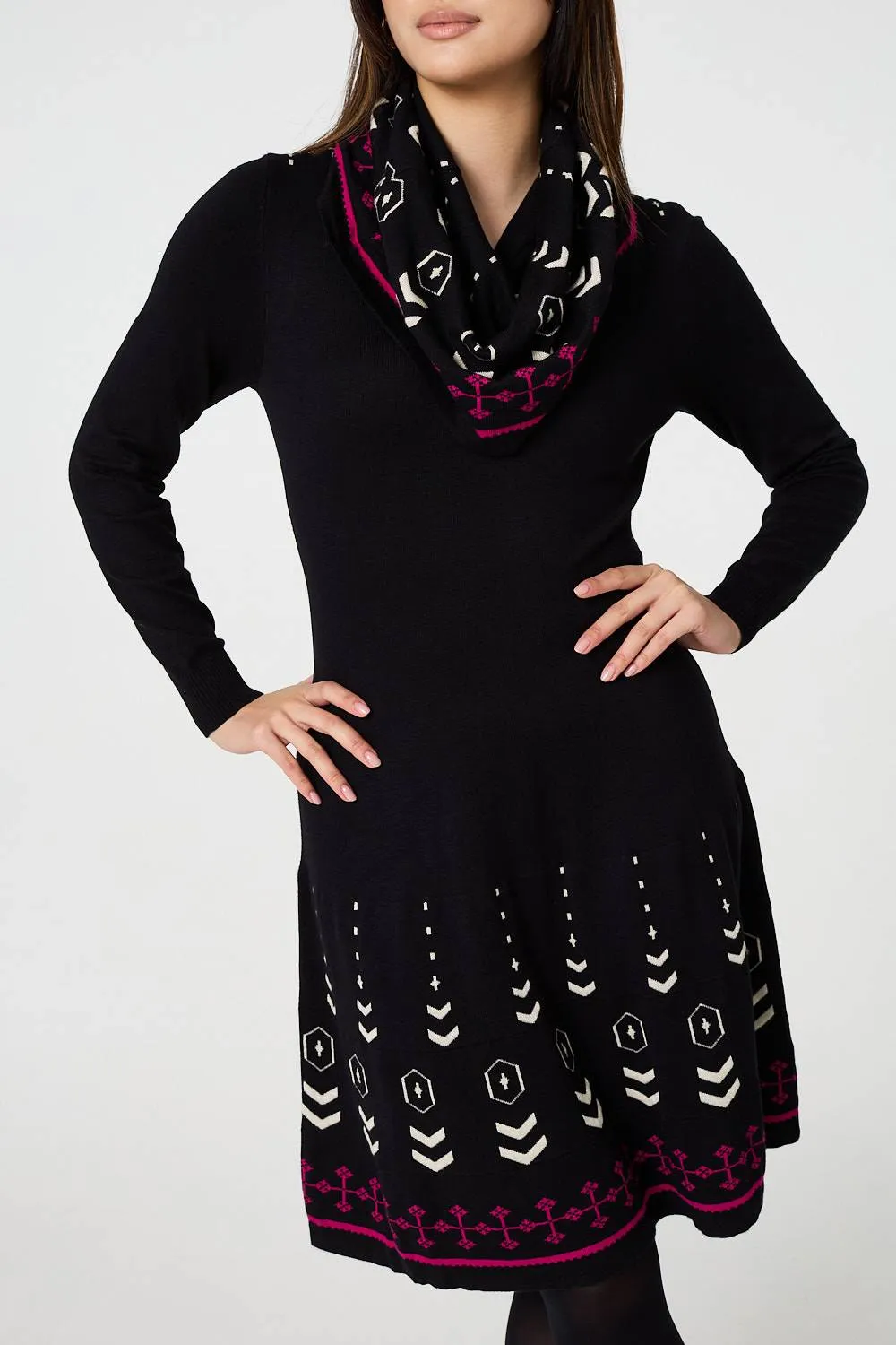 Printed Knit Dress With Removable Scarf