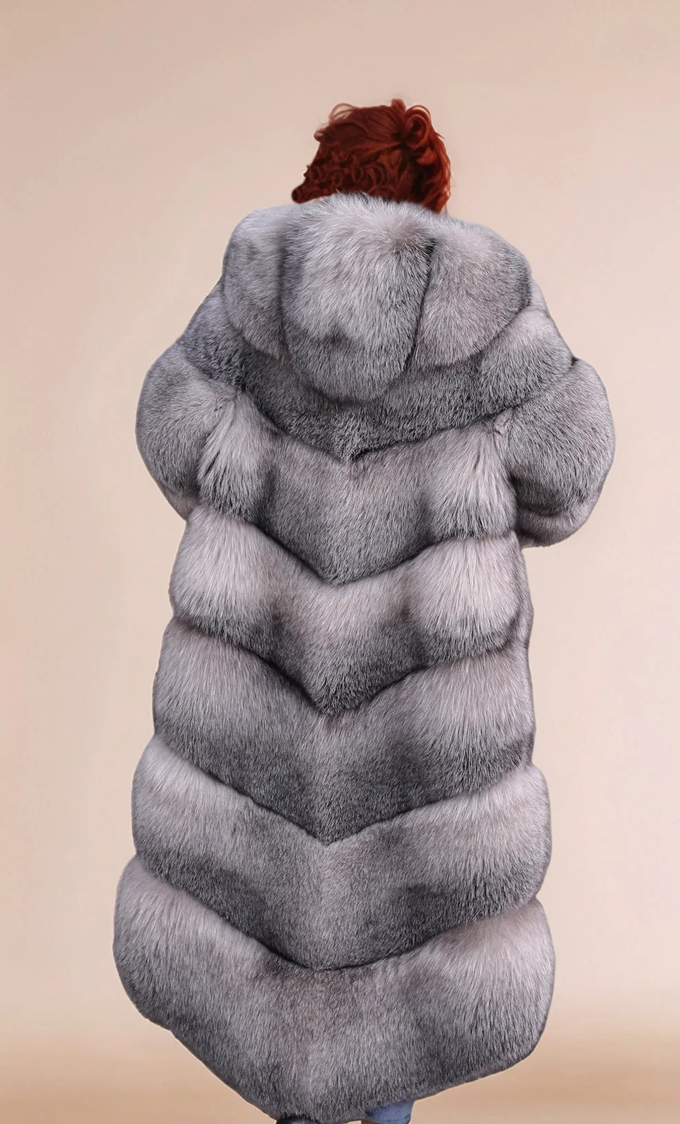 Real Fox Fur Coat with Fur Hood - Sapphire Frost Fox- G0048