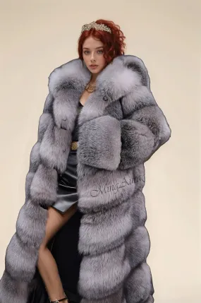 Real Fox Fur Coat with Fur Hood - Sapphire Frost Fox- G0048