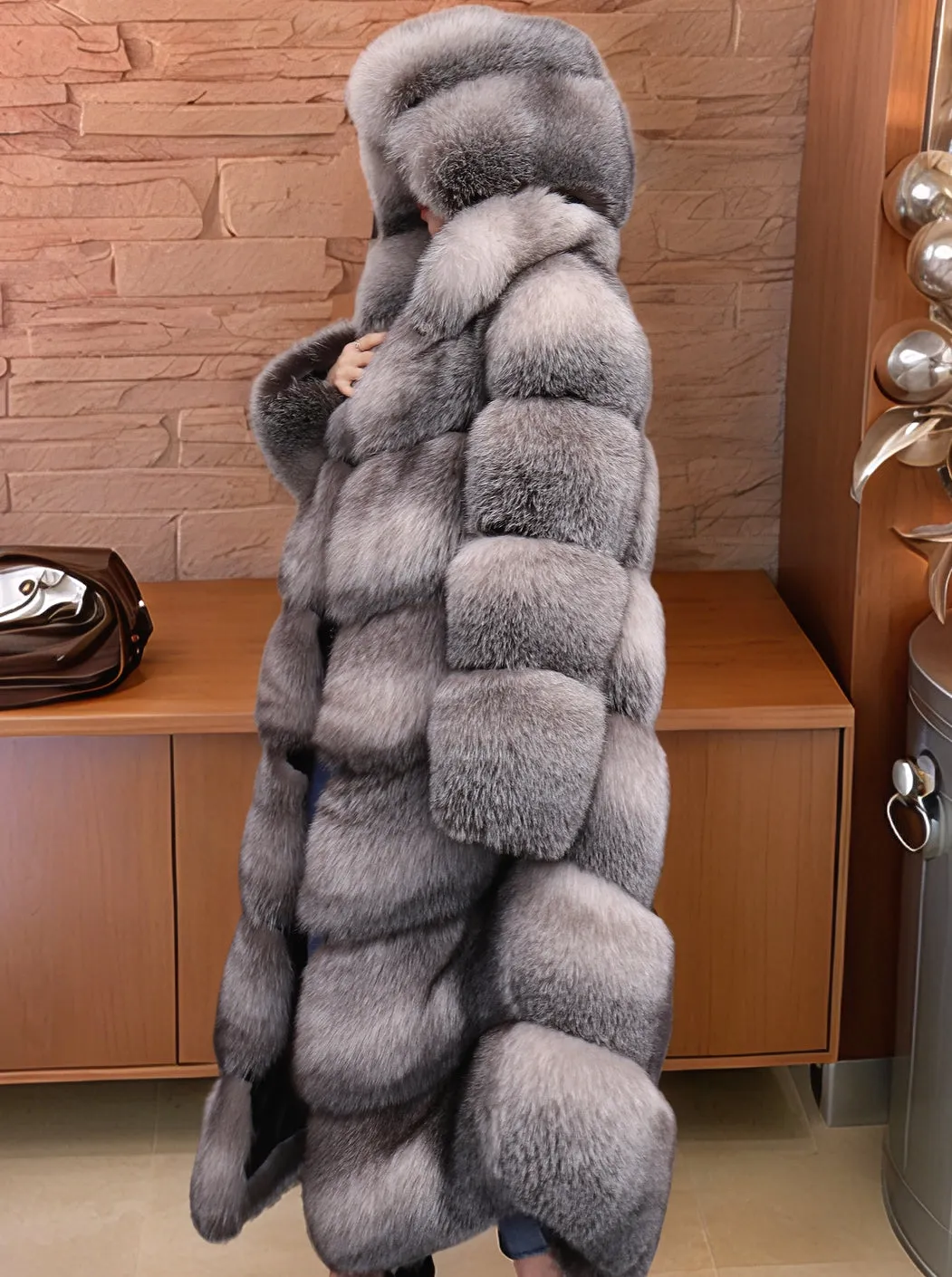 Real Fox Fur Coat with Fur Hood - Sapphire Frost Fox- G0048