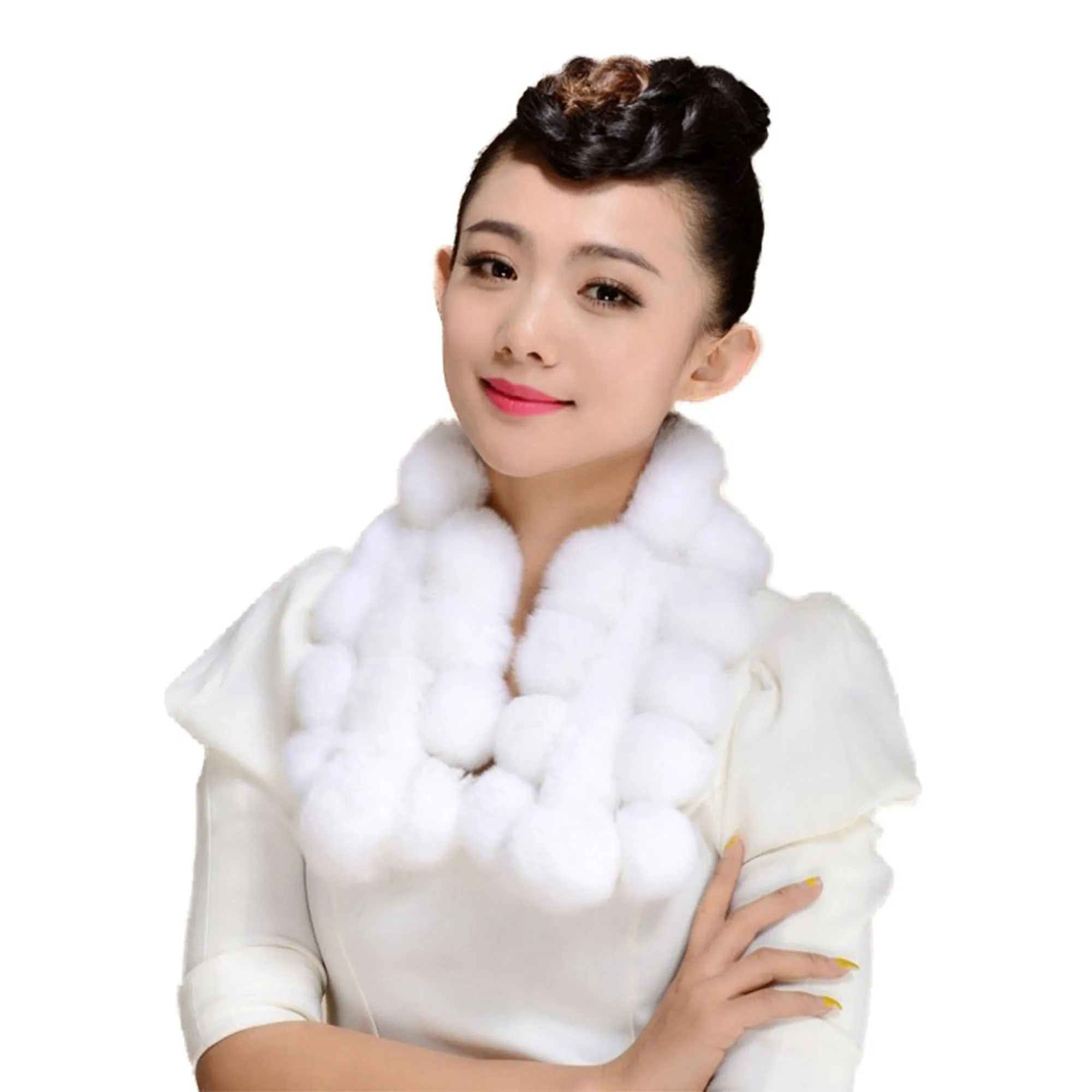 Real REX Rabbit Fur Ball Scarf Cute Wrap Cape Shawl Neck Warmer Children Women Winter Scarf FS14515