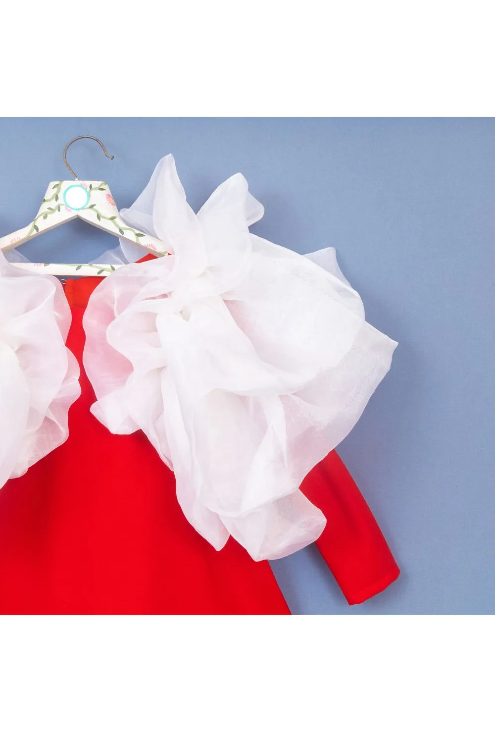 Red And White Organza Ruffle Sleeves Neoprene Dress