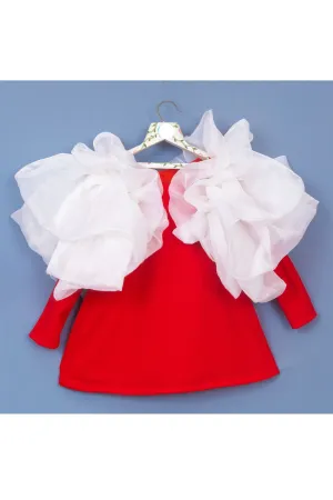 Red And White Organza Ruffle Sleeves Neoprene Dress