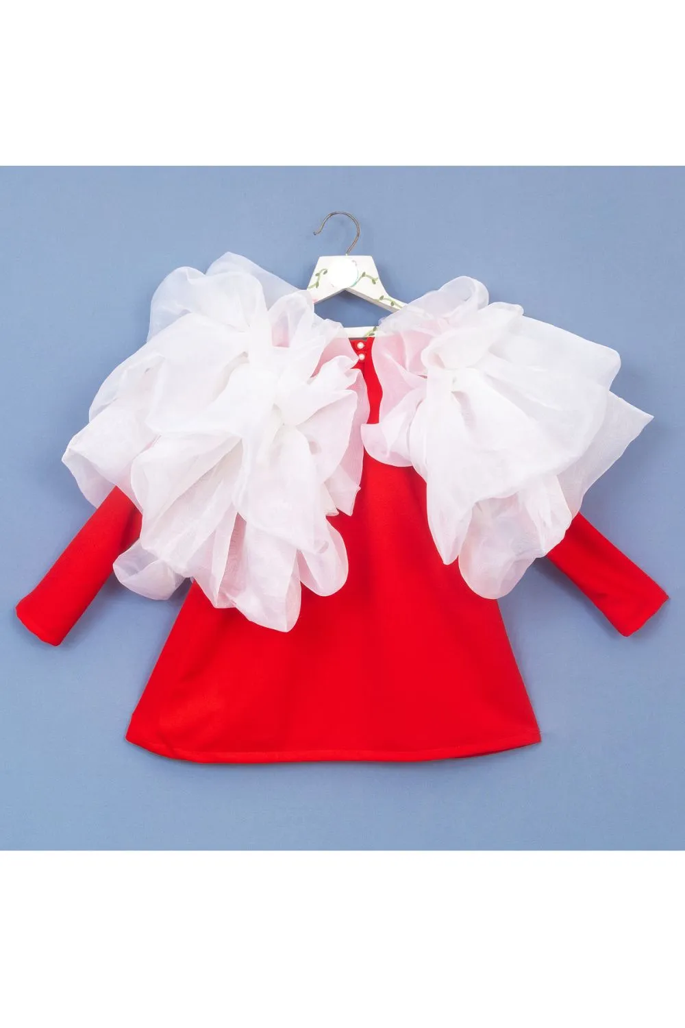 Red And White Organza Ruffle Sleeves Neoprene Dress