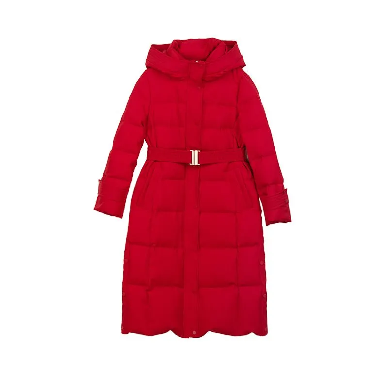 Red Belted Waist Long Slim Down Winter Jacket