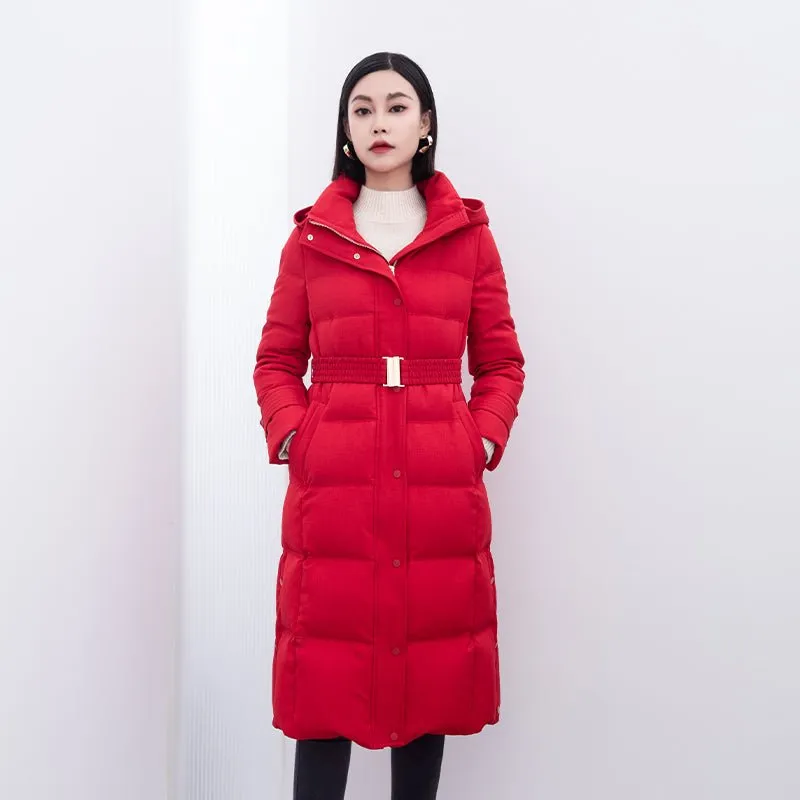 Red Belted Waist Long Slim Down Winter Jacket