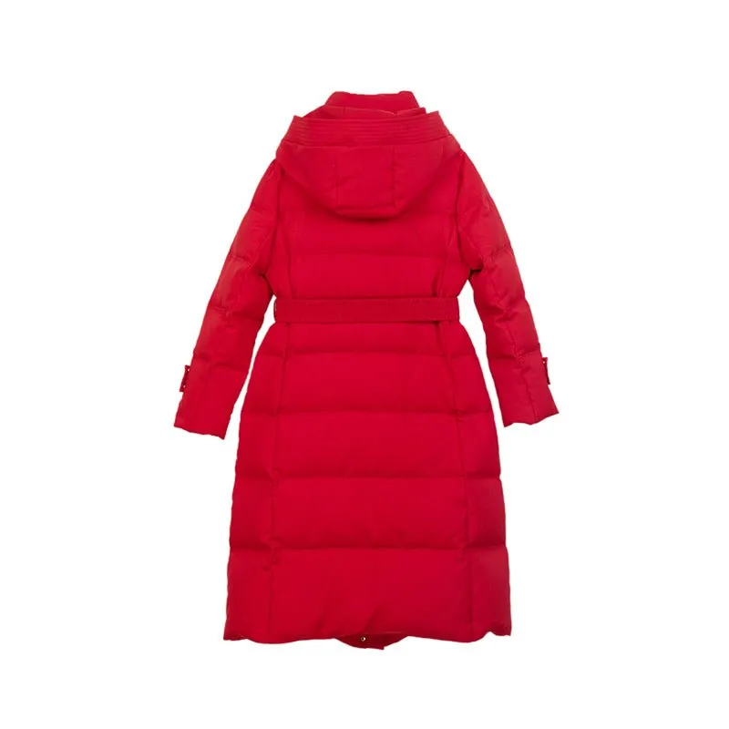 Red Belted Waist Long Slim Down Winter Jacket