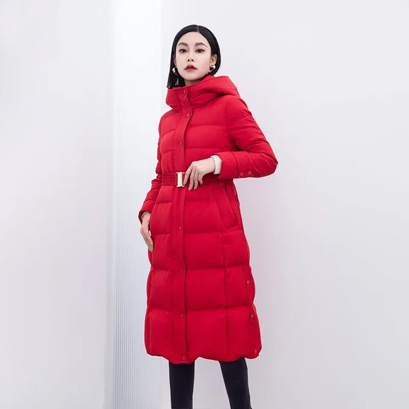 Red Belted Waist Long Slim Down Winter Jacket