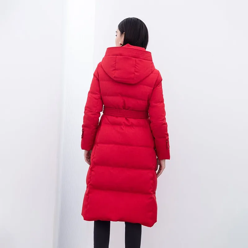 Red Belted Waist Long Slim Down Winter Jacket