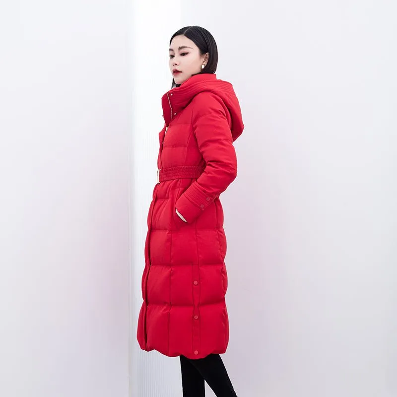 Red Belted Waist Long Slim Down Winter Jacket