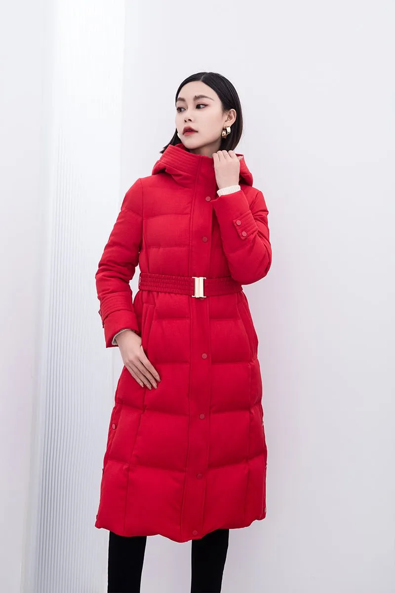 Red Belted Waist Long Slim Down Winter Jacket